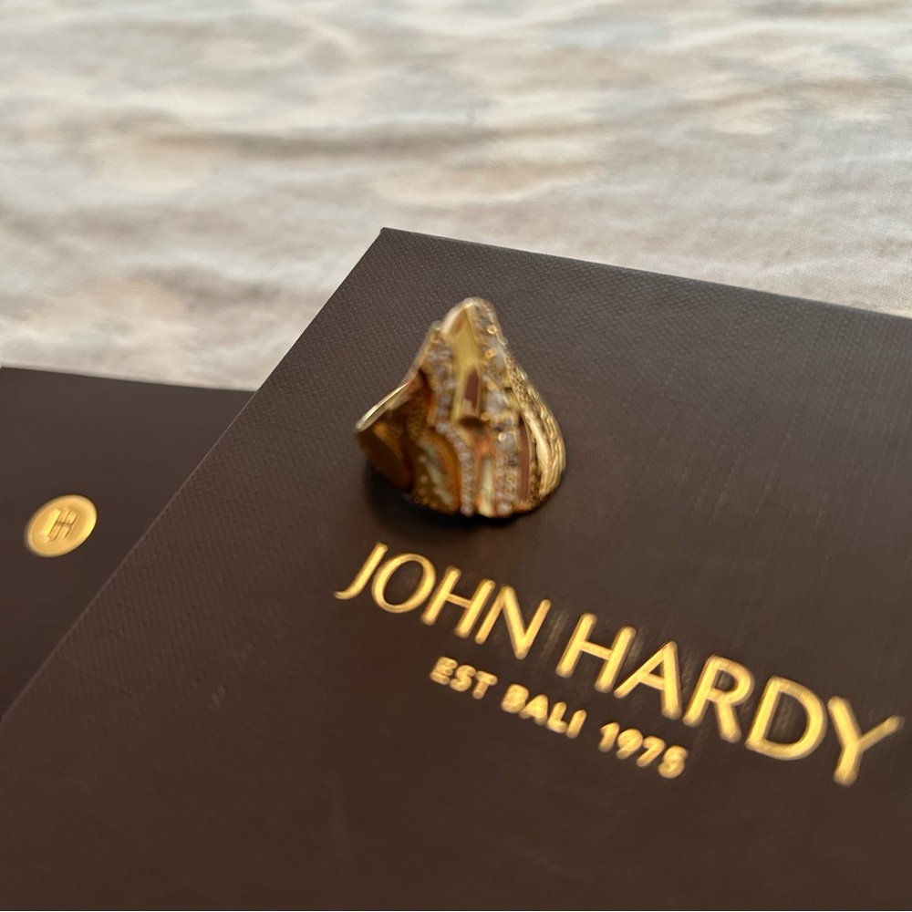 Authentic John Hardy solid 18K gold saddle ring grey white diamonds size 7 NIB! - Picture 14 of 15